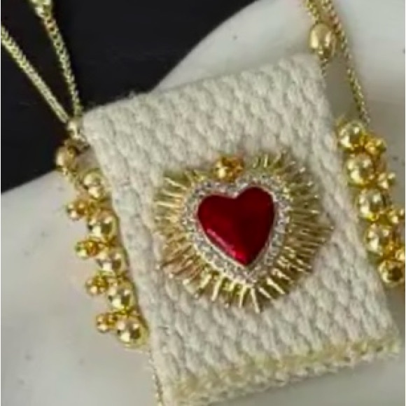 Bursting Sacred Heart of Jesus Immaculate Mary Catholic Ruby Red Fabric Necklace - Picture 2 of 7